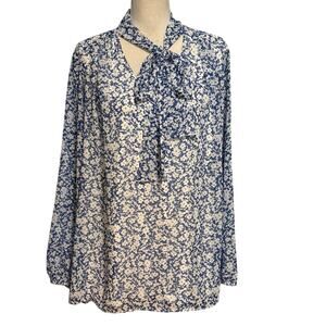 Lane Bryant Plus Size 24 Tie Neck Blouse Top Floral Print Cottagecore Blue White